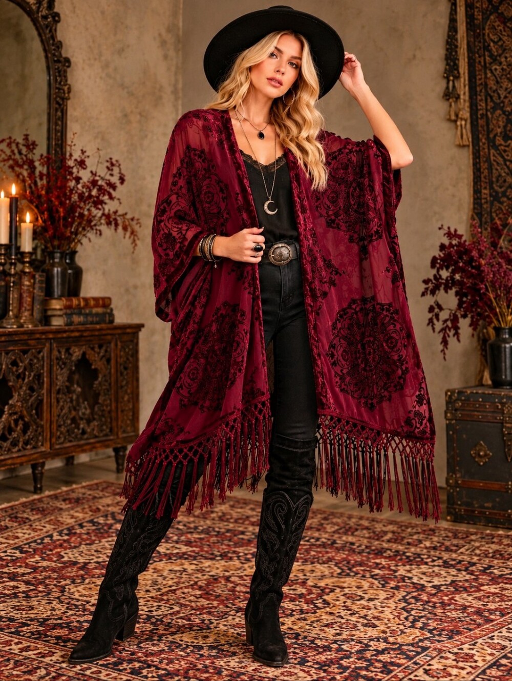 Torrid 00 Large Burgundy Burnout Crushed Velvet Bohemian Fringe Kimono Duster